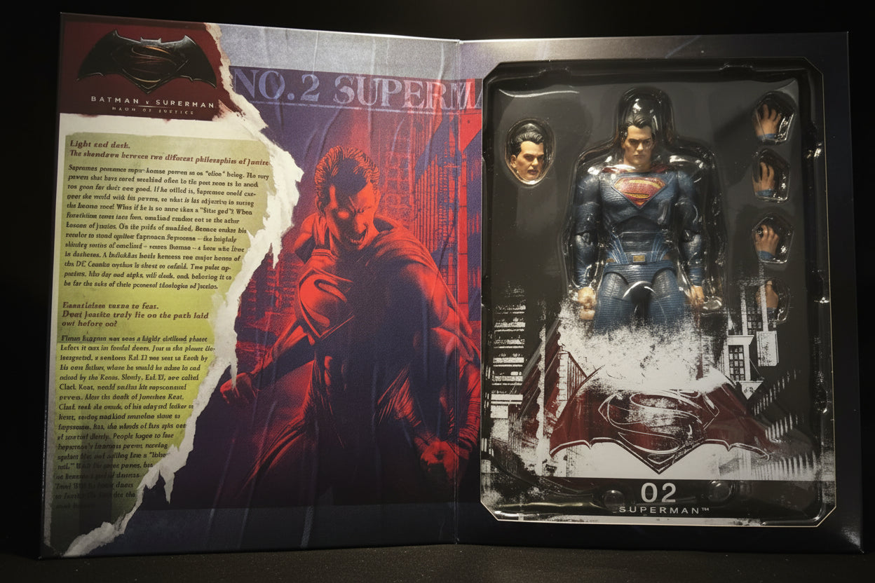 Batman v Superman: Dawn of Justice No. 2 Superman action figure in its original window box packaging, showing the figure, interchangeable heads, and printed comic-style insert card.