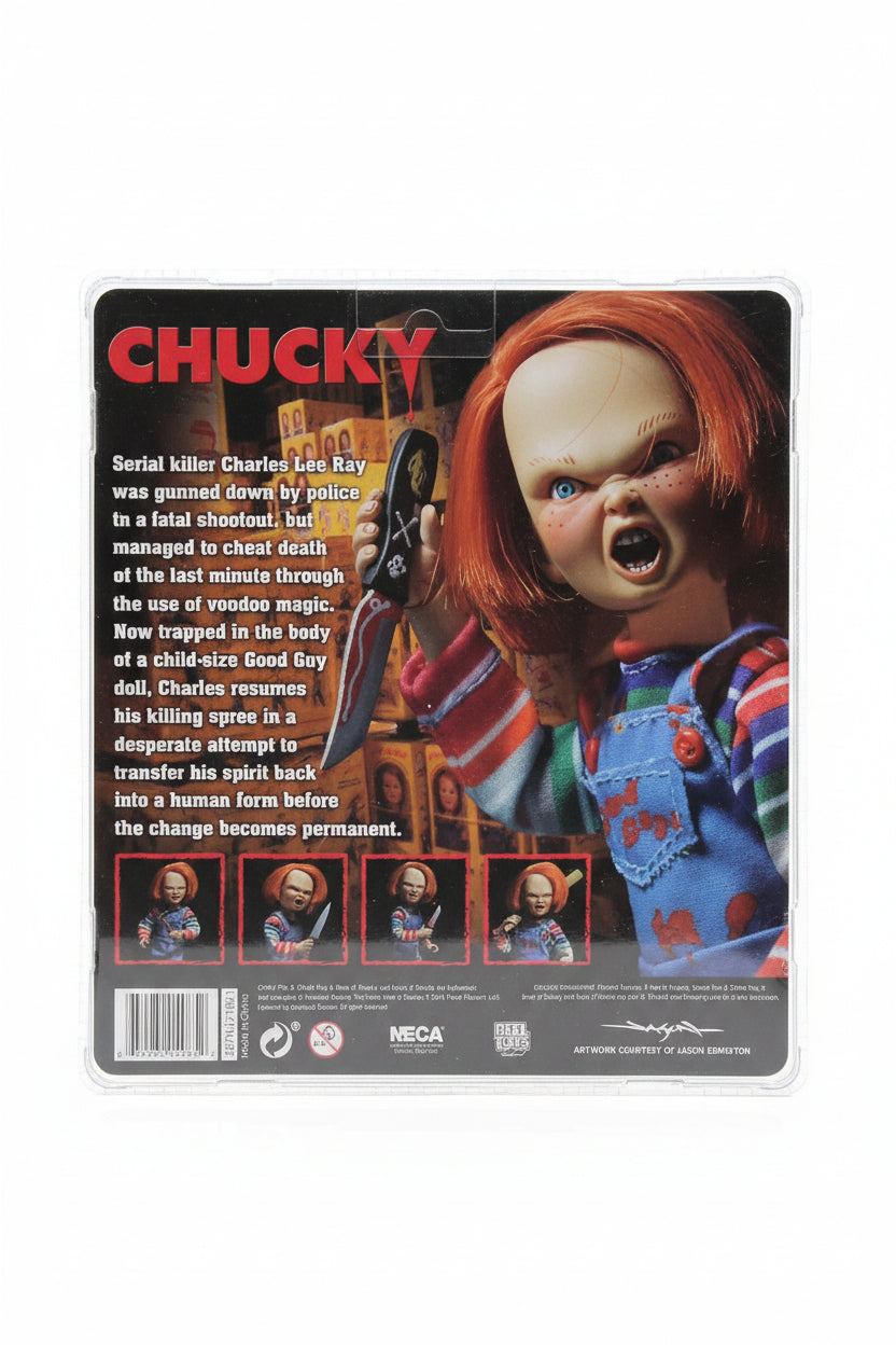Back of a Chucky NECA action figure package in clear plastic blister packaging, showing the character Chucky with red hair, blue overalls, and a black cat, plus product text and small figure views.