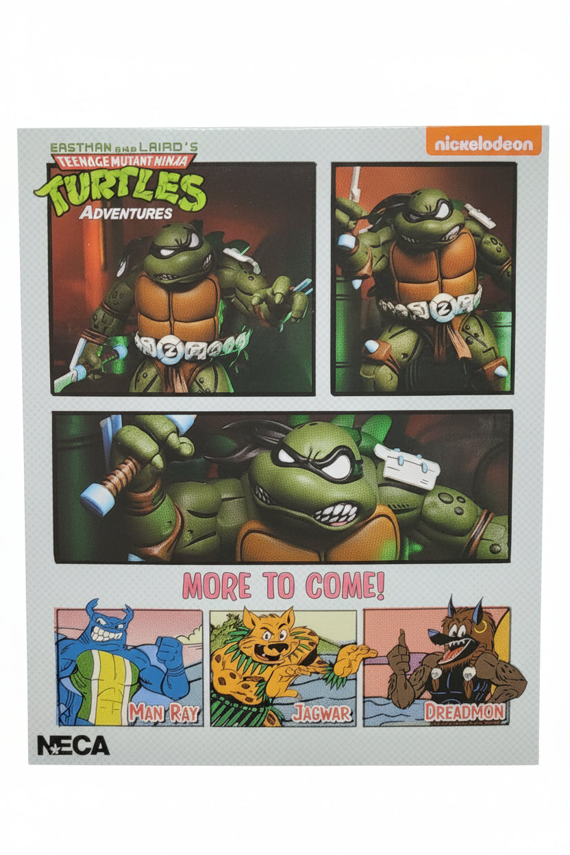 A packaged Teenage Mutant Ninja Turtles Adventures collectible figure box by NECA and Nickelodeon, showing character artwork panels and the text 'MORE TO COME!' on a white box, photographed against a crinkled silver plastic background.