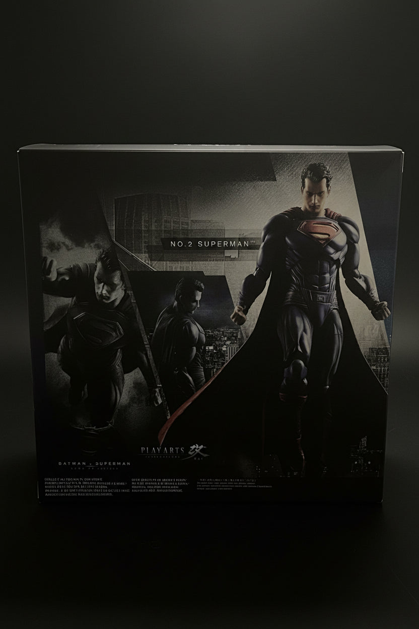 Batman v Superman: Dawn of Justice No. 2 Superman collectible figure packaging, featuring artwork of Superman in a dark cape with a red S-shield on his chest, photographed in a real environment with a glare at the top.