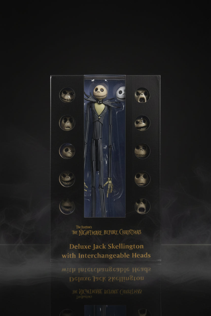 A boxed collectible figure of The Nightmare Before Christmas Deluxe Jack Skellington with interchangeable heads, shown in its retail packaging with a hand holding it.