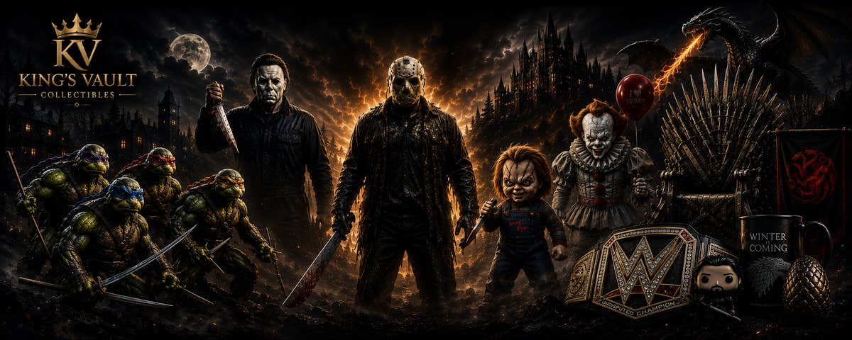 King’s Vault Collectibles banner featuring Michael Myers, Jason Voorhees, TMNT, Chucky, Pennywise and a WWE championship belt.