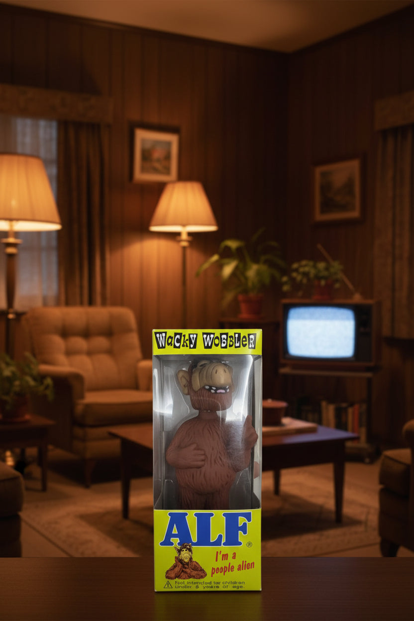 Wacky Wobbler ALF figure in its original packaging, featuring a brown furry alien character with a beige face and white teeth, set against a bright yellow and blue box with 'Wacky Wobbler' and 'ALF' branding.