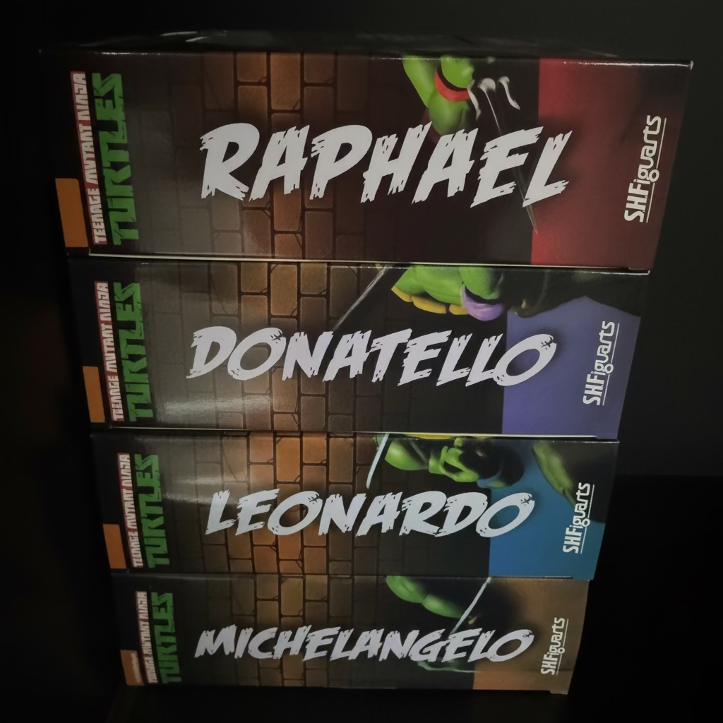 A stack of four Teenage Mutant Ninja Turtles Shippuden trading card boxes, featuring Raphael, Donatello, Leonardo, and Michelangelo on a dark background.