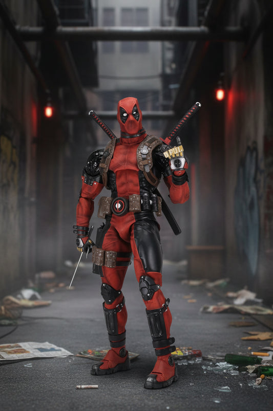Deadpool action figure with red and black suit, holding a sword in one hand and gesturing with the other, set against a plain white background.