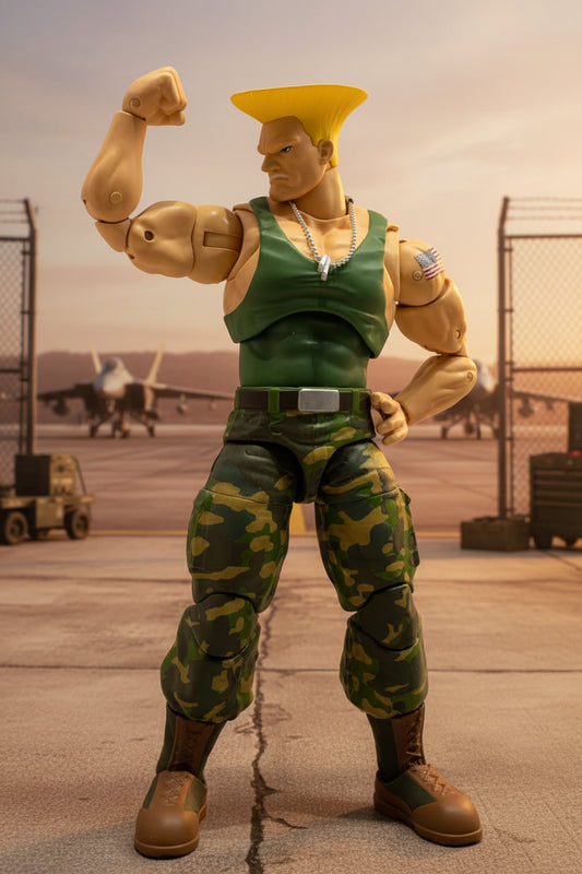 Action figure in green and camouflage outfit with yellow hair on a white background
