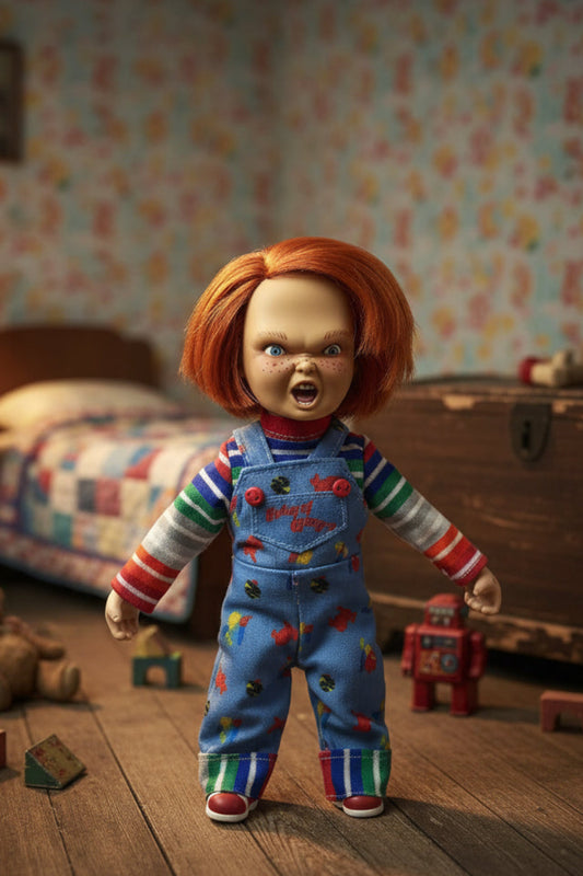 A Chucky collectible doll with orange-red hair, wearing blue overalls over a striped shirt, posed in front of a framed movie poster.