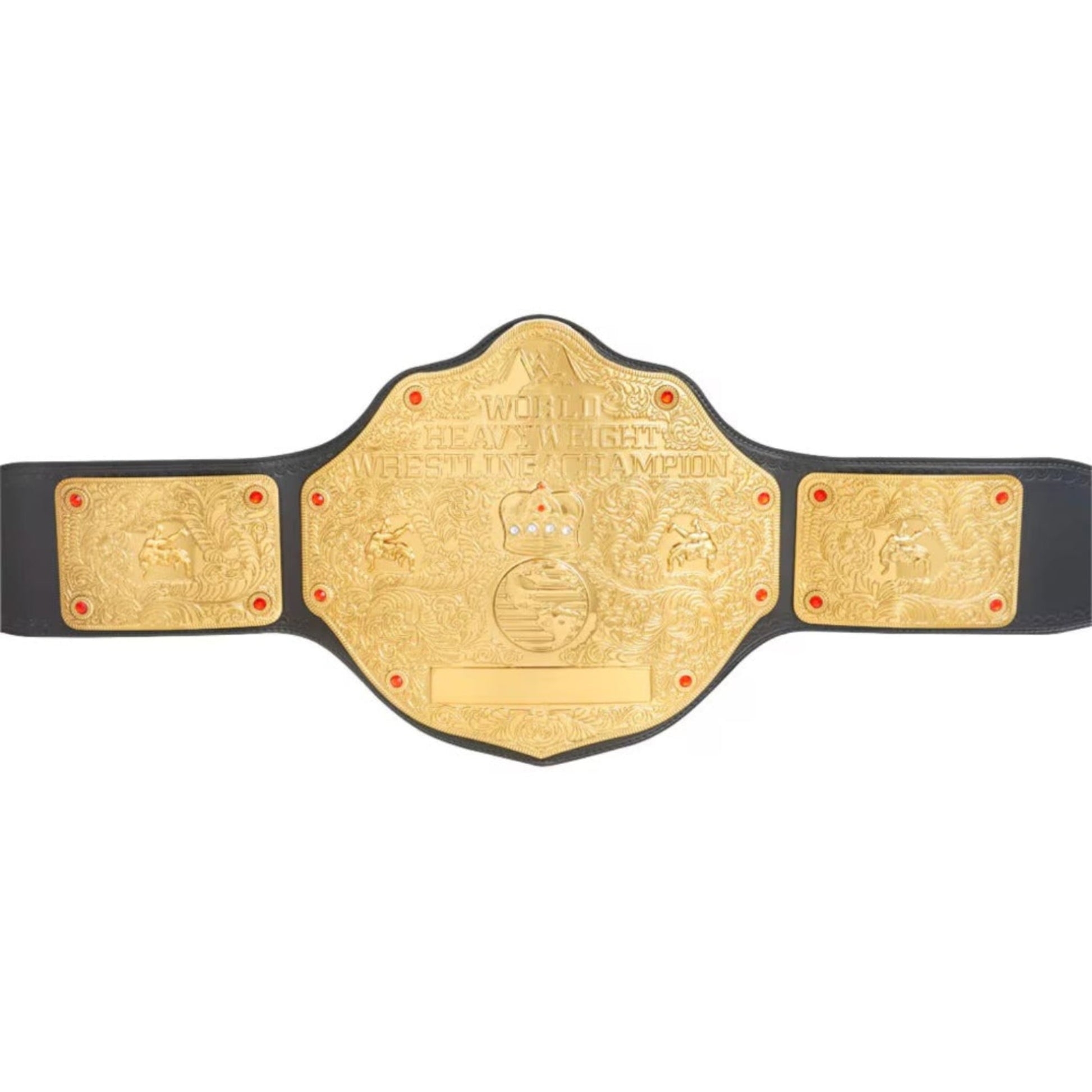 A championship wrestling belt with a large gold central plate and two matching gold side plates on a black strap, shown against a plain white background.