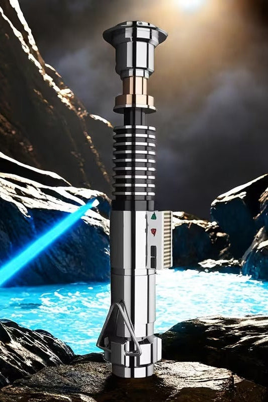Kings Vault Collectibles Luke Skywalker 3.0 RGB lightsaber hilt with metallic finish on a rocky landscape background