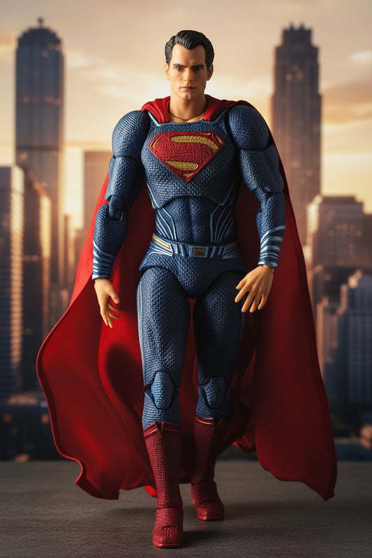 Superman action figure or collectible character shown standing against a plain white background, wearing a textured blue suit with a red cape and red S-shield on the chest.